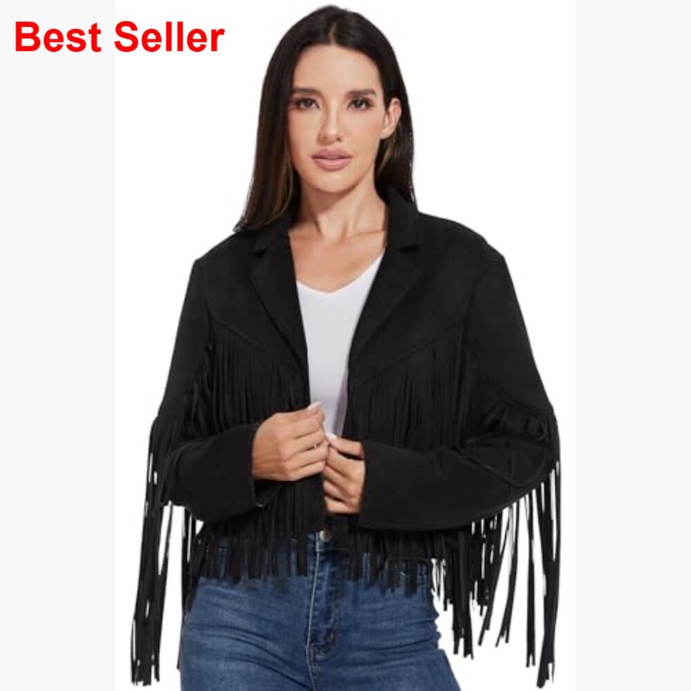 Fringe Faux Suede Cropped Jacket Western Cowgirl Coat - Picture 2 of 7